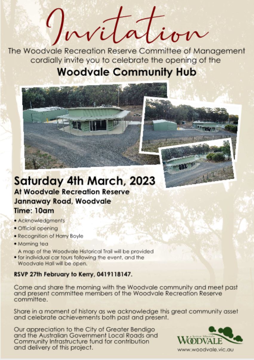 Invite to openinge the New Woodvale Hub, (Recreation Reserve Pavilion)